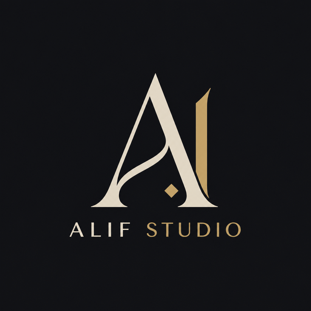 Design a refined minimalist logo for Alif Studio, a premium Arabic-inspi
